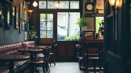 A cozy vintage cafe interior showcasing rustic charm with warmly lit spaces, inviting furniture, and a peaceful atmosphere perfect for relaxation and social gatherings.の素材