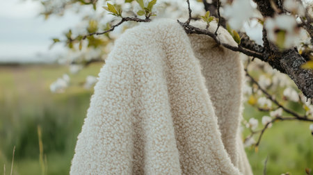 A soft blanket hangs gracefully on a tree branch surrounded by blooming flowers, creating a serene and cozy atmosphere in a beautiful spring landscape.の素材