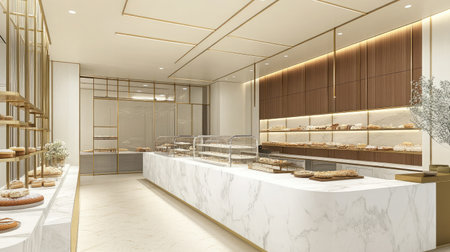 A beautifully designed modern bakery interior featuring a spacious layout, marble countertops, wooden shelves, and elegant lighting, perfect for displaying fresh pastries.の素材
