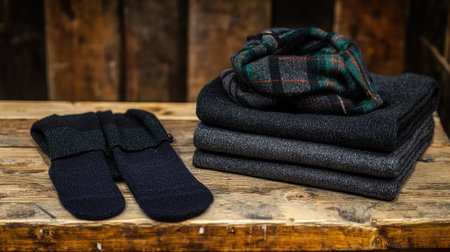 A stylish arrangement of cozy textiles including folded sweaters and comfortable socks, perfect for autumn and winter wardrobe essentials in a rustic setting.の素材