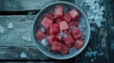 A bowl of fresh watermelon cubes placed on ice, showcasing a vibrant and refreshing summer treat. Perfect for healthy snacks or party presentations.の素材