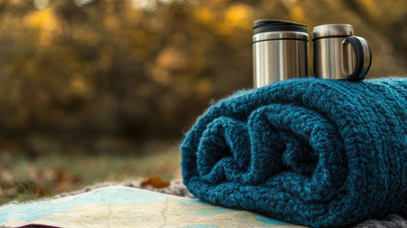 A cozy picnic scene featuring a soft blanket, two thermoses, and a map, set in a serene outdoor environment perfect for fall adventures.の素材