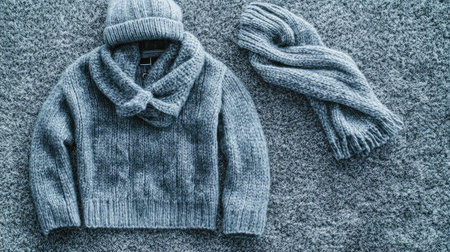 Discover a cozy gray knitwear set featuring a soft sweater, hat, and scarf, perfect for adding warmth and style to winter outfits.の素材