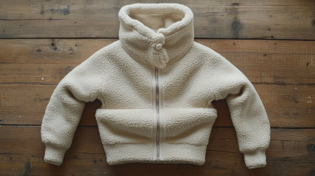 This cozy cream jacket features a soft fleece design, perfect for winter layers. The stylish outerwear is displayed flat on rustic wood, showcasing its warmth.の素材