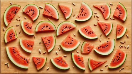 A visually appealing arrangement of fresh watermelon slices on a wooden board. Perfect for summer themes, healthy eating, and food styling inspiration.の素材
