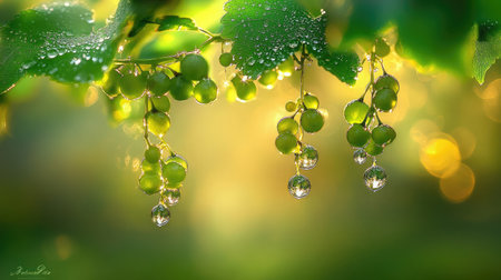 A close-up of dew-covered green grapes hanging from leaves, with a soft, glowing background. This image captures the essence of nature's beauty and freshness.の素材