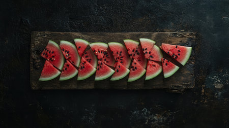 Vibrant slices of fresh watermelon arranged on a rustic wooden board. Perfect for summer gatherings, healthy snacks, and food photography.の素材