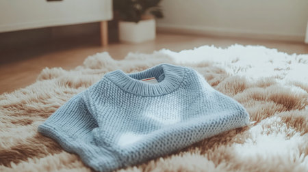 A cozy blue knit sweater elegantly folded on a soft faux fur rug, creating a warm and inviting atmosphere in a stylish interior space. Perfect for fashion and home decor themes.の素材