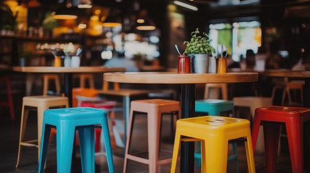 A vibrant cafe interior featuring colorful stools and wooden tables, creating a warm and inviting atmosphere for casual dining and relaxation.の素材