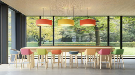 A bright and inviting cafe interior featuring colorful stools and modern design elements. Large windows offer a view of lush greenery, creating a serene atmosphere.の素材