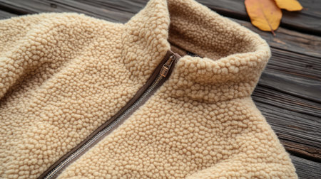 Close-up of a cozy fleece jacket featuring a textured fabric, perfect for autumn days. Layer it for warmth in casual outings or outdoor adventures.の素材