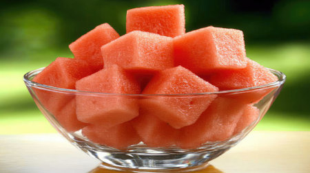 A vibrant bowl filled with fresh watermelon cubes, perfect for summer gatherings or healthy snacking. Enjoy the juicy and sweet appeal of this refreshing fruit.の素材