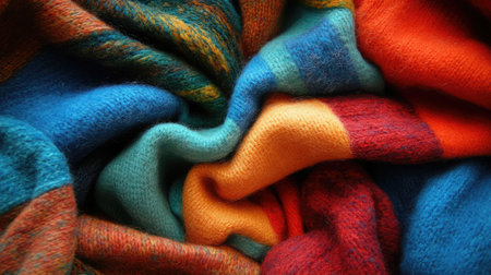 Vibrant colors and soft textures intertwine in this artistic fabric arrangement, perfect for conveying warmth and comfort in any creative project.の素材