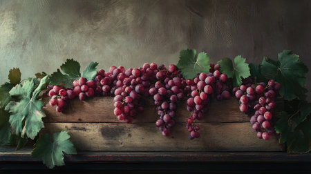A beautiful still life featuring fresh grapes in a rustic wooden box surrounded by green leaves. Perfect for concepts of health and nature.の素材
