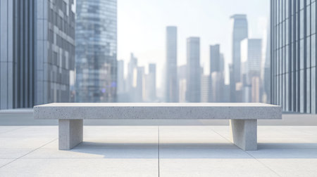 A sleek concrete bench positioned in an urban setting with a modern city skyline in the background, creating a tranquil atmosphere ideal for contemplation.の素材