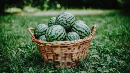 A vibrant basket filled with fresh watermelons sits on lush green grass, showcasing the beauty of nature and the bounty of summer harvest in a serene outdoor setting.の素材