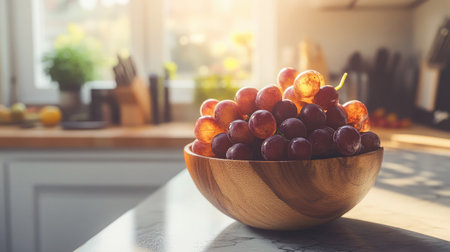 A beautiful wooden bowl filled with fresh grapes sits on a kitchen counter, illuminated by warm sunlight. This vibrant setup captures the essence of healthy living.の素材