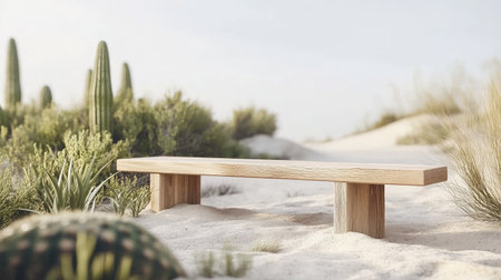 A serene wooden bench positioned in a tranquil desert landscape, surrounded by gentle sand and scattered greenery. Ideal for outdoor relaxation.の素材