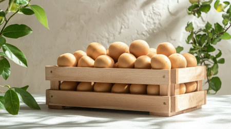 A beautiful arrangement of fresh eggs in a wooden basket on a neutral table. Ideal for illustrating organic food concepts and culinary freshness.の素材
