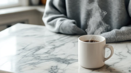 A serene scene featuring a steaming cup of coffee on a marble table, capturing the essence of comfort and relaxation in a cozy indoor setting.の素材