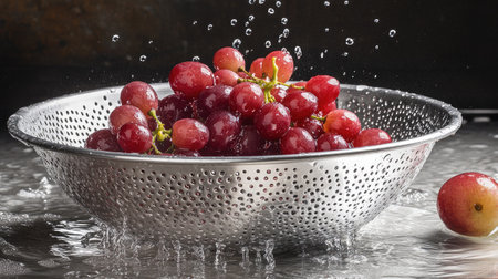 A stunning close-up of fresh red grapes in a metal colander with water splashing around them, showcasing their vibrant texture and healthy appeal.の素材