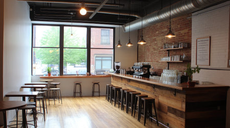 A bright and modern coffee shop showcasing minimalist design and a warm atmosphere. The interior features wooden furniture, natural light, and inviting decor.の素材