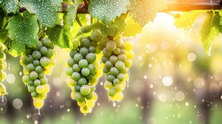 Beautifully captured fresh green grapes glistening with water drops on the vine, showcasing nature's bounty and vitality in a sunlit background.の素材