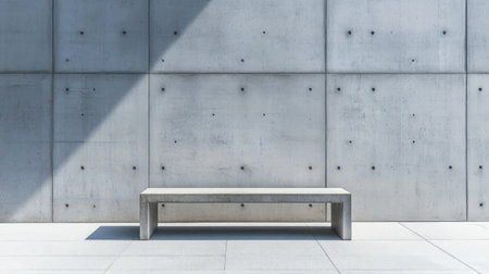 A minimalist concrete bench positioned against a grey wall, capturing modern design elements and tranquil outdoor spaces. A perfect visual for architectural themes.の素材