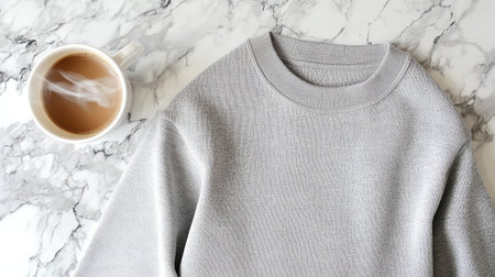 A stylish gray sweatshirt paired with a warm cup of coffee, set against a marble surface. Perfect for capturing a cozy, relaxed lifestyle.の素材