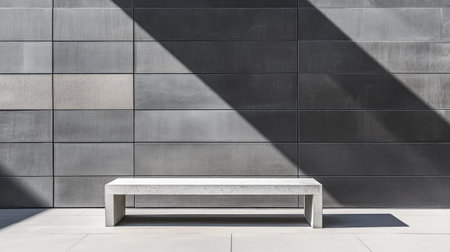 A sleek concrete bench positioned against a gray wall, creating a minimalist aesthetic. The interplay of light and shadow adds depth to this contemporary urban scene.の素材
