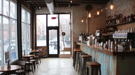 A cozy cafe interior showcasing rustic decor with wooden elements, ample natural light, and a welcoming atmosphere, perfect for relaxation and socializing.の素材