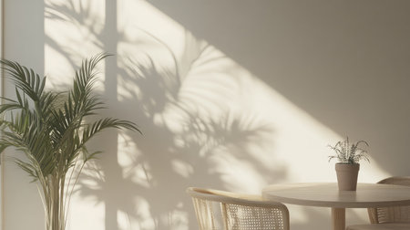 A peaceful indoor scene showcasing a potted plant casting delicate shadows, inviting warmth and tranquility, perfect for home decor or design inspiration.の素材