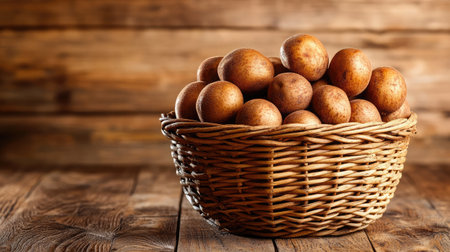 A rustic arrangement of freshly harvested brown potatoes in a woven basket, perfect for food presentations and farm-themed designs. Ideal for vegetarian recipes.の素材