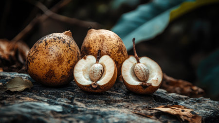 This captivating image showcases fresh sapodilla fruits displayed on a rustic background, highlighting the smooth texture and sweet interior of this tropical delight.の素材