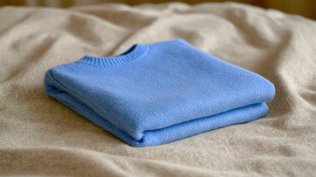 A cozy blue sweater neatly folded on a soft blanket, showcasing a warm and inviting atmosphere. Ideal for fashion and home comfort themes.の素材