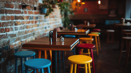 A vibrant restaurant interior featuring colorful stools and rustic brick walls, creating a cozy atmosphere perfect for casual dining and gatherings.の素材