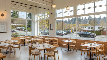 Bright and modern restaurant interior showcasing natural lighting, wooden furniture, and a serene ambiance, perfect for casual dining and gatherings.の素材