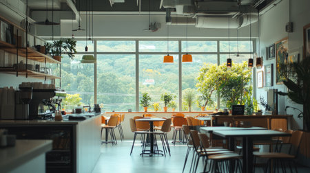A bright and modern cafe interior featuring inviting furniture, large windows with scenic views, and a warm atmosphere, perfect for relaxation or socializing.の素材