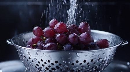 Fresh grapes are rinsed under running water in a metal colander. The glistening droplets highlight their vibrant color, making them an appealing and healthy choice.の素材