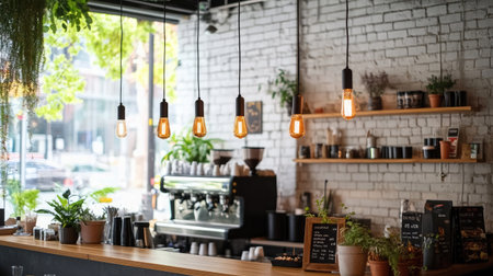 A charming cafe interior featuring warm pendant lighting, lush plants, and a wooden counter. The modern design creates an inviting ambiance for relaxation.の素材