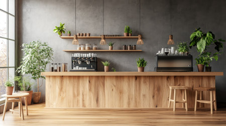 Bright and inviting modern cafe interior featuring a wooden counter, lush plants, and stylish lighting, perfect for relaxation and socializing.の素材
