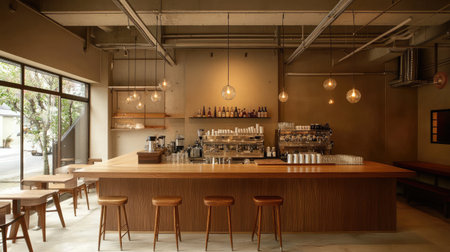 A modern coffee shop interior featuring wooden accents, stylish bar stools, and warm lighting. This space creates an inviting atmosphere for relaxation and socializing.の素材