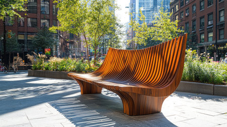 This image features a modern wooden bench nestled in an urban park. The design showcases sleek lines and a warm finish, surrounded by greenery and sunlight, creating an inviting space for relaxation.の素材