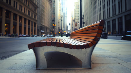 A sleek urban bench made of wood and metal, set against a stunning city skyline. The scene captures tranquility in a bustling metropolitan area.の素材