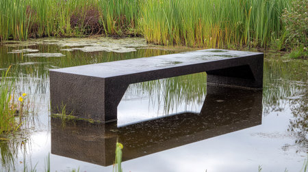 A modern bench sits gracefully over still water, creating a stunning reflection amidst lush greenery. This tranquil scene embodies peace and minimalism in nature.の素材