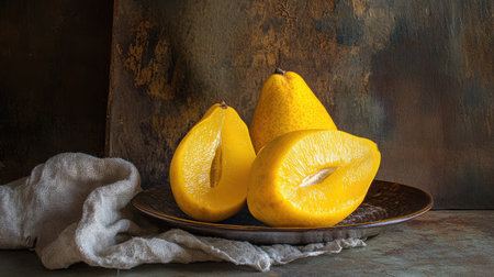 A visually appealing arrangement of ripe yellow fruits on a rustic plate, showcasing their vibrant color and fresh texture. Perfect for food photography and culinary projects.の素材