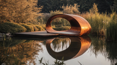 A stunning modern sculpture reflects beautifully in tranquil waters, surrounded by lush greenery. This artwork captures the essence of harmony in nature.の素材