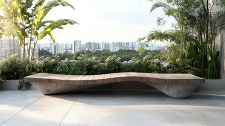 A sleek curved bench set against a vibrant urban backdrop, blending modern design with lush greenery. Ideal for outdoor relaxation and stylish spaces.の素材