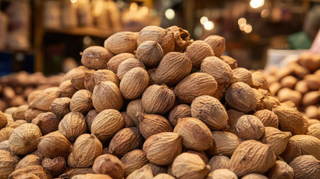 A vibrant display of fresh whole nuts in a market setting, showcasing their natural beauty and texture. Perfect for food enthusiasts and healthy lifestyle promotion.の素材