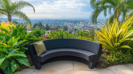 A modern black bench situated in a lush garden offers a serene view of the cityscape under a bright sky. Perfect for relaxation and outdoor comfort.の素材